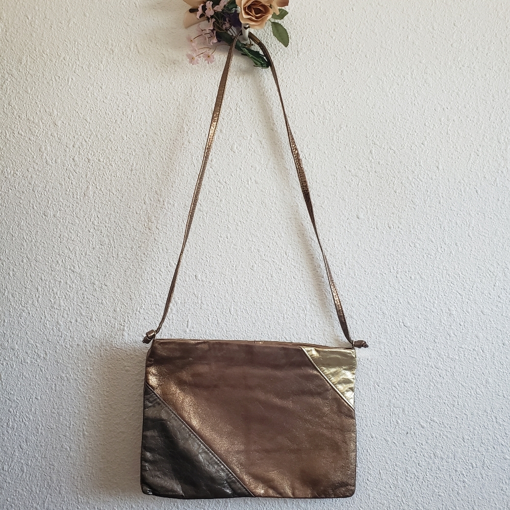 Vintage Metallic Gold Bronze Color Block Shoulder Bag Purse